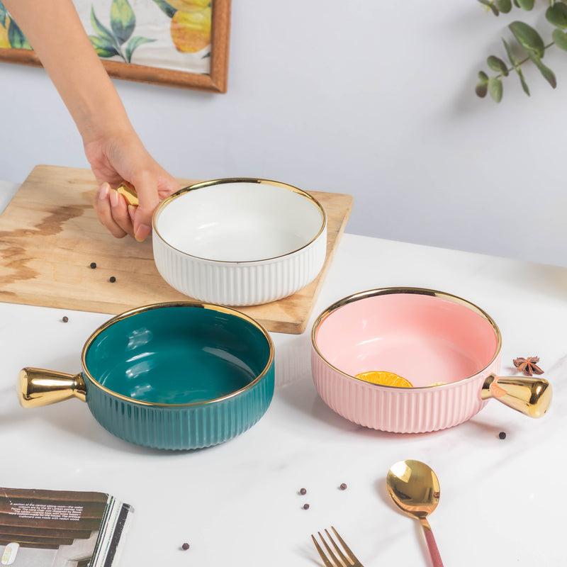 Ribbed Snack Bowl With Handle 500 ml - Bowl,ceramic bowl, snack bowls, curry bowl, popcorn bowls | Bowls for dining table & home decor
