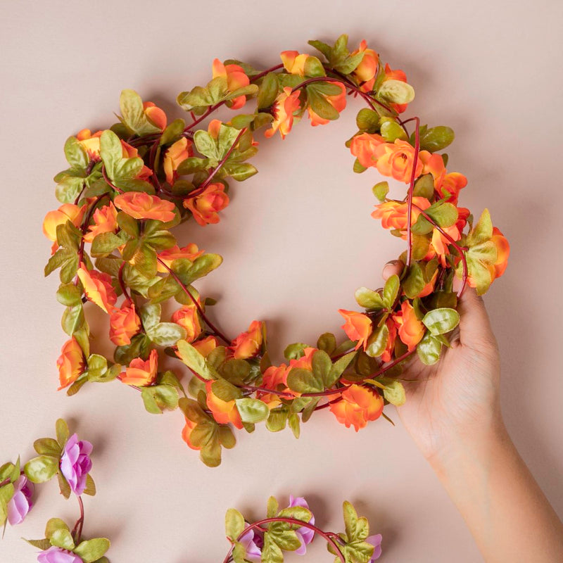 Faux Roses And Leaves Vine Orange - Artificial flower | Home decor item | Room decoration item