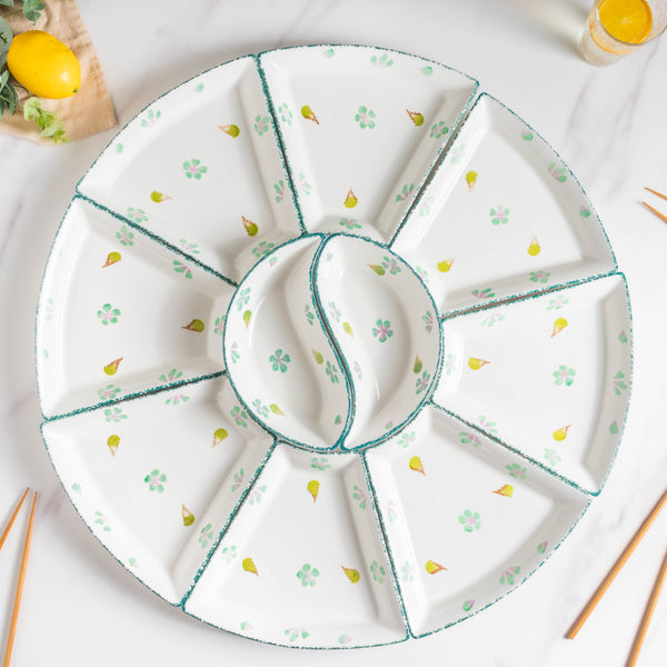Green Floral Snack And Tai Chi Plates Set Of 10 - Serving plate, snack plate, plate with compartment | Plates for dining table & home decor