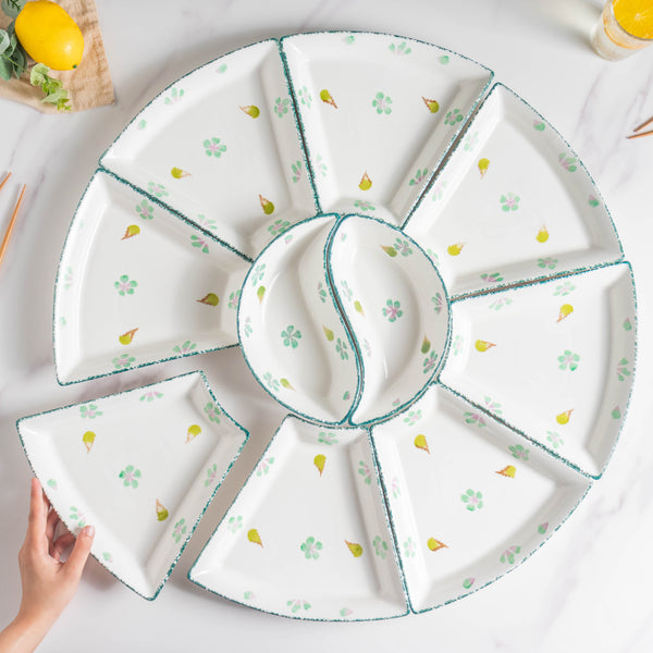 Green Floral Snack And Tai Chi Plates Set Of 10 - Serving plate, snack plate, plate with compartment | Plates for dining table & home decor