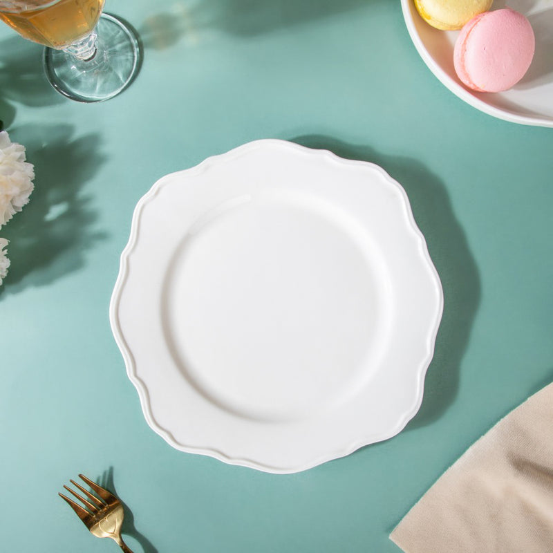 Riona Flower Ceramic Dinner Plate White 9 Inch - Serving plate, rice plate, ceramic dinner plates| Plates for dining table & home decor