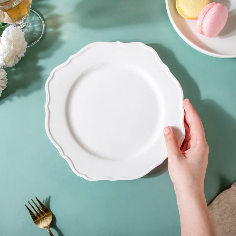 Riona Flower Ceramic Dinner Plate White 9 Inch - Serving plate, rice plate, ceramic dinner plates| Plates for dining table & home decor