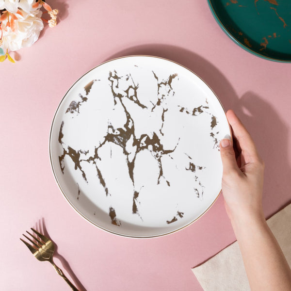 Sleek Marble Dinner Plate White 10 Inch - Serving plate, rice plate, ceramic dinner plates| Plates for dining table & home decor