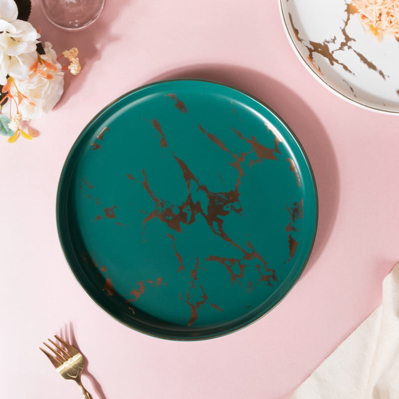 Sleek Marble Dinner Plate Green 10 Inch - Serving plate, rice plate, ceramic dinner plates| Plates for dining table & home decor