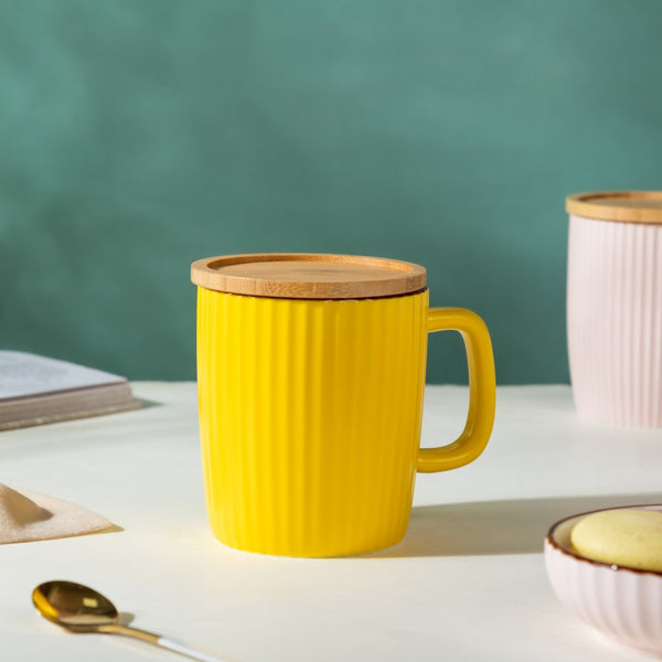 Ceramic Mug with Wooden Lid Yellow- Mug for coffee, tea mug, cappuccino mug | Cups and Mugs for Coffee Table & Home Decor