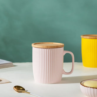 Ceramic Mug with Wooden Lid Pink- Mug for coffee, tea mug, cappuccino mug | Cups and Mugs for Coffee Table & Home Decor