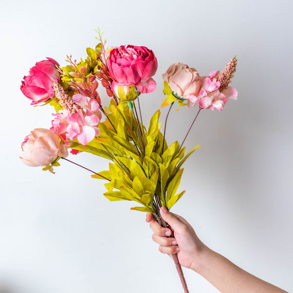 Faux Rose Bouquet Peach And Carmine - Artificial flower | Home decor item | Room decoration item