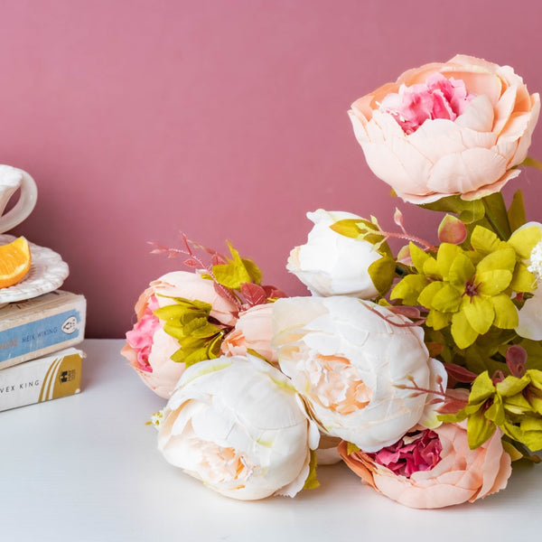 Faux Rose Bouquet Peach And White - Artificial flower | Home decor item | Room decoration item