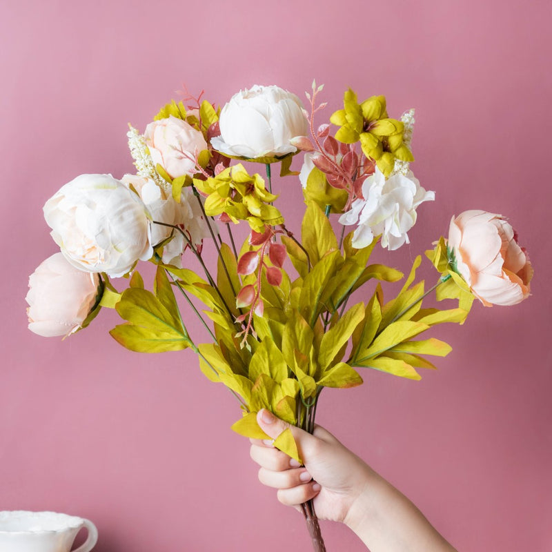 Faux Rose Bouquet Peach And White - Artificial flower | Home decor item | Room decoration item
