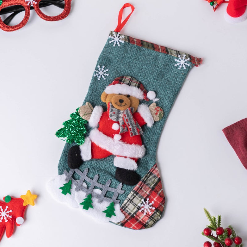 Checkered Bear Christmas Stocking 12 Inch - Christmas sock for wall decor, tree decor, and gifting | Festive & home decoration ideas