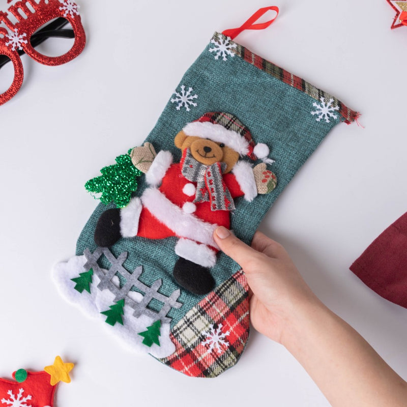 Checkered Bear Christmas Stocking 12 Inch - Christmas sock for wall decor, tree decor, and gifting | Festive & home decoration ideas