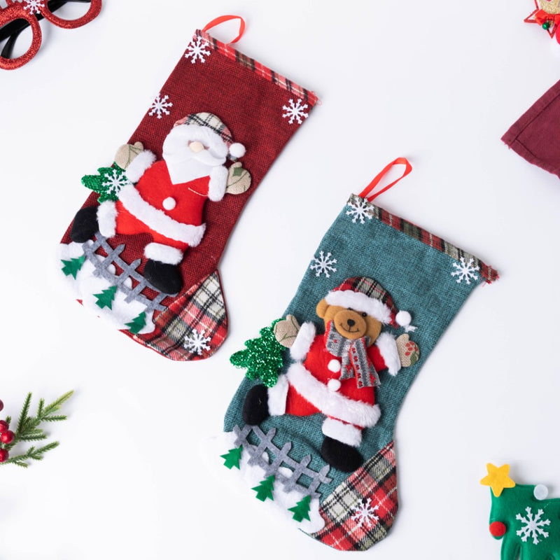 Checkered Bear Christmas Stocking 12 Inch - Christmas sock for wall decor, tree decor, and gifting | Festive & home decoration ideas