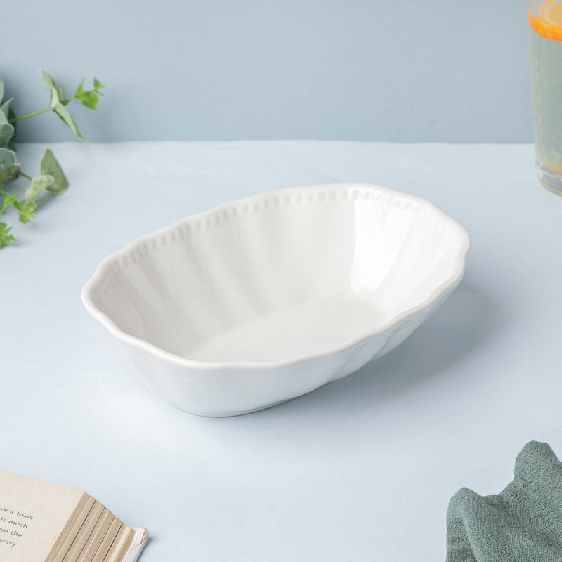 Serena Oval Snack Bowl White 8 Inch 350 ml - Bowl,ceramic bowl, snack bowls, curry bowl, popcorn bowls | Bowls for dining table & home decor