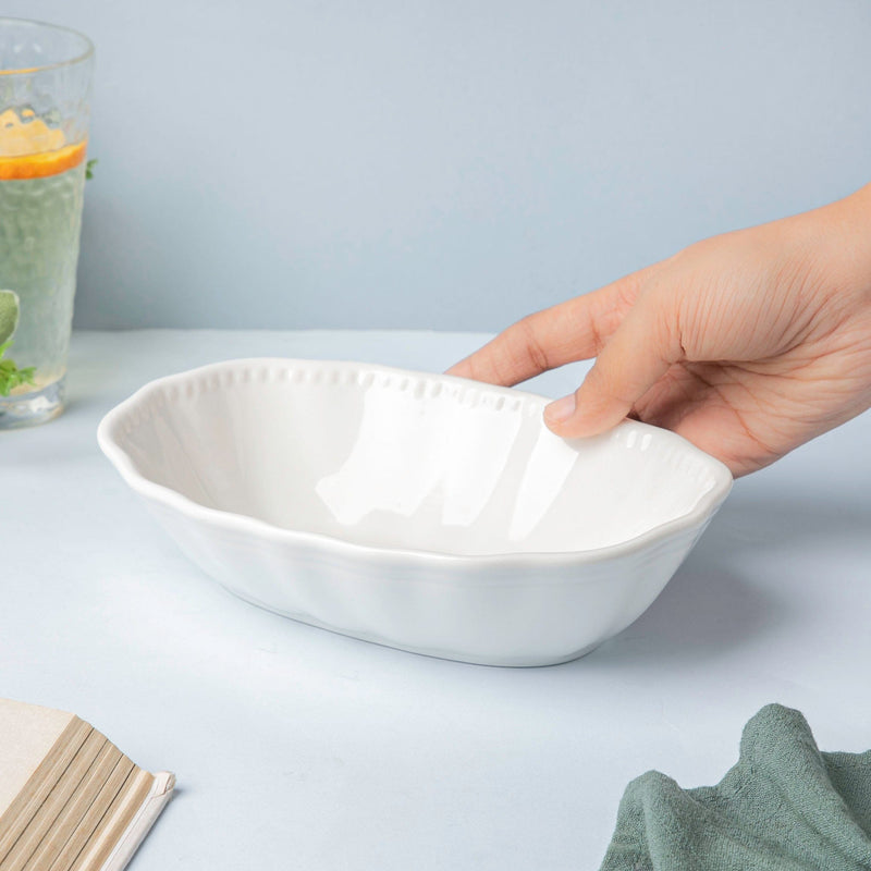 Serena Oval Snack Bowl White 8 Inch 350 ml - Bowl,ceramic bowl, snack bowls, curry bowl, popcorn bowls | Bowls for dining table & home decor