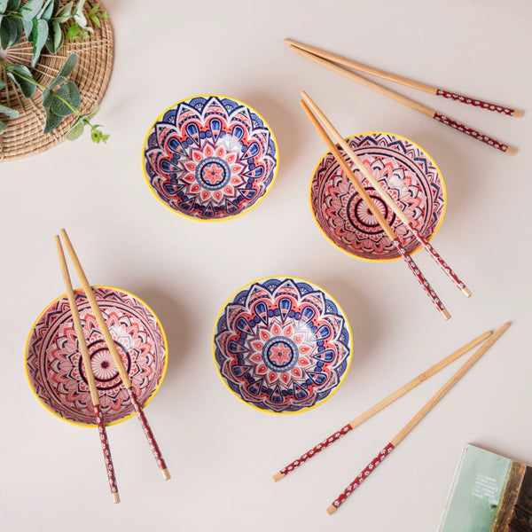 Mandala Ramen Bowl And Chopstick Multicolour Set Of 8 - Bowl, soup bowl, ceramic bowl, snack bowls, curry bowl, popcorn bowls | Bowls for dining table & home decor