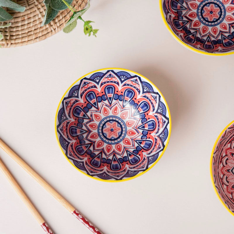 Mandala Ramen Bowl And Chopstick Multicolour Set Of 8 - Bowl, soup bowl, ceramic bowl, snack bowls, curry bowl, popcorn bowls | Bowls for dining table & home decor
