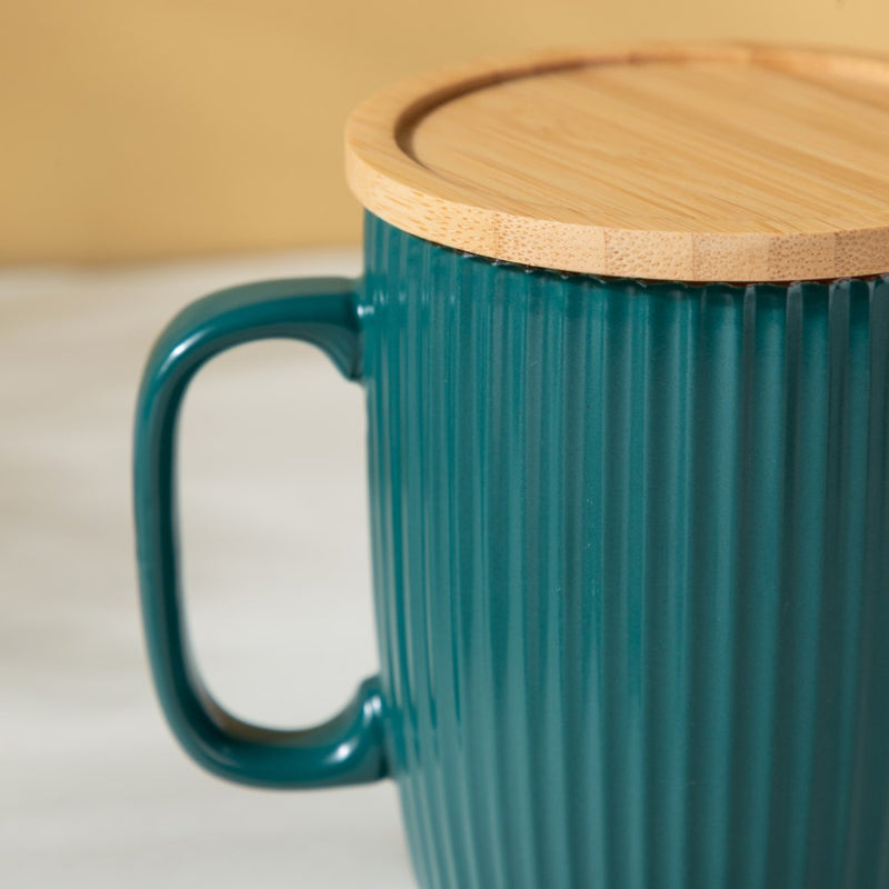 Ceramic Mug with Wooden Lid Green- Mug for coffee, tea mug, cappuccino mug | Cups and Mugs for Coffee Table & Home Decor