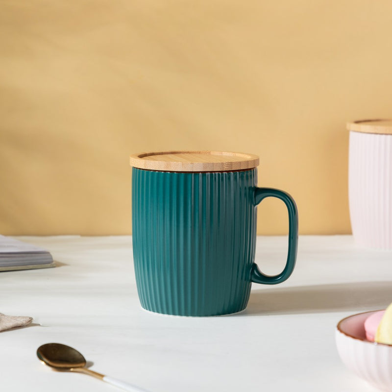 Ceramic Mug with Wooden Lid Green- Mug for coffee, tea mug, cappuccino mug | Cups and Mugs for Coffee Table & Home Decor