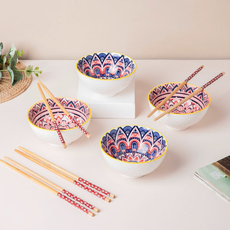 Mandala Ramen Bowl And Chopstick Multicolour Set Of 8 - Bowl, soup bowl, ceramic bowl, snack bowls, curry bowl, popcorn bowls | Bowls for dining table & home decor