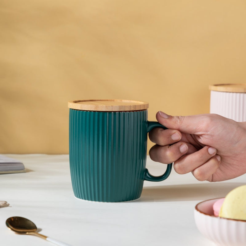 Ceramic Mug with Wooden Lid Green- Mug for coffee, tea mug, cappuccino mug | Cups and Mugs for Coffee Table & Home Decor