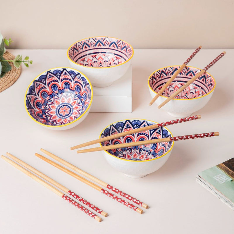 Mandala Ramen Bowl And Chopstick Multicolour Set Of 8 - Bowl, soup bowl, ceramic bowl, snack bowls, curry bowl, popcorn bowls | Bowls for dining table & home decor