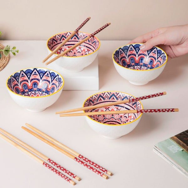 Mandala Ramen Bowl And Chopstick Multicolour Set Of 8 - Bowl, soup bowl, ceramic bowl, snack bowls, curry bowl, popcorn bowls | Bowls for dining table & home decor