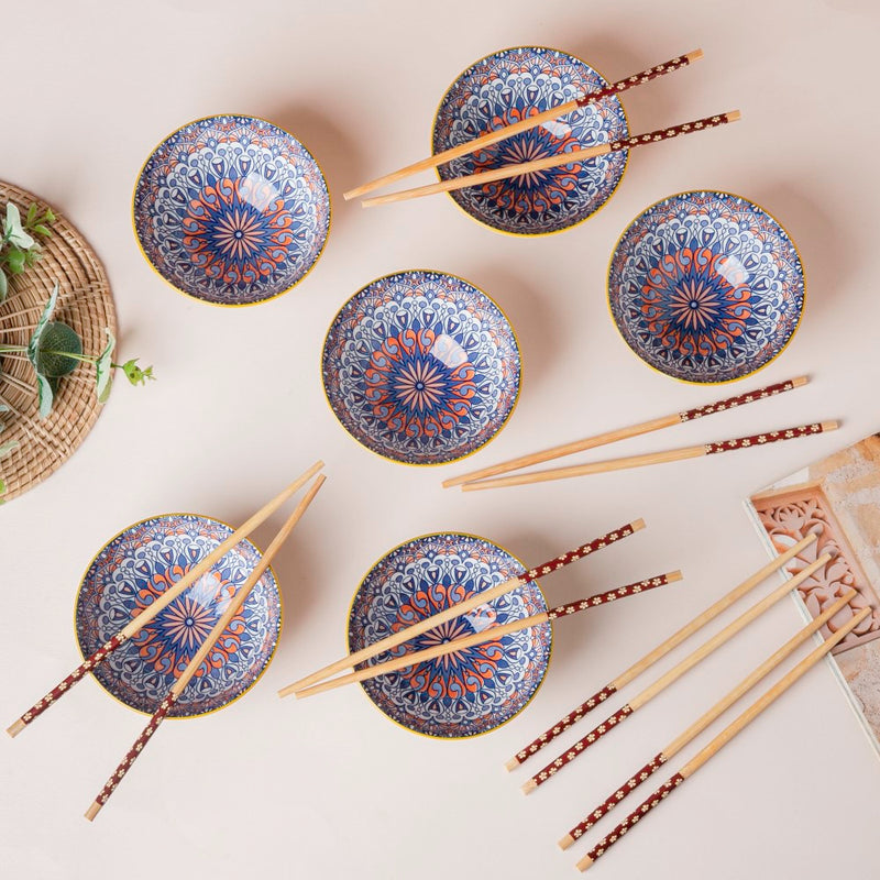 Mandala Snacking Bowl And Chopstick Oceanic Blue Set Of 12 - Bowl,ceramic bowl, snack bowls, curry bowl, popcorn bowls | Bowls for dining table & home decor