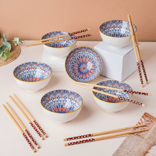 Mandala Snacking Bowl And Chopstick Oceanic Blue Set Of 12 - Bowl,ceramic bowl, snack bowls, curry bowl, popcorn bowls | Bowls for dining table & home decor