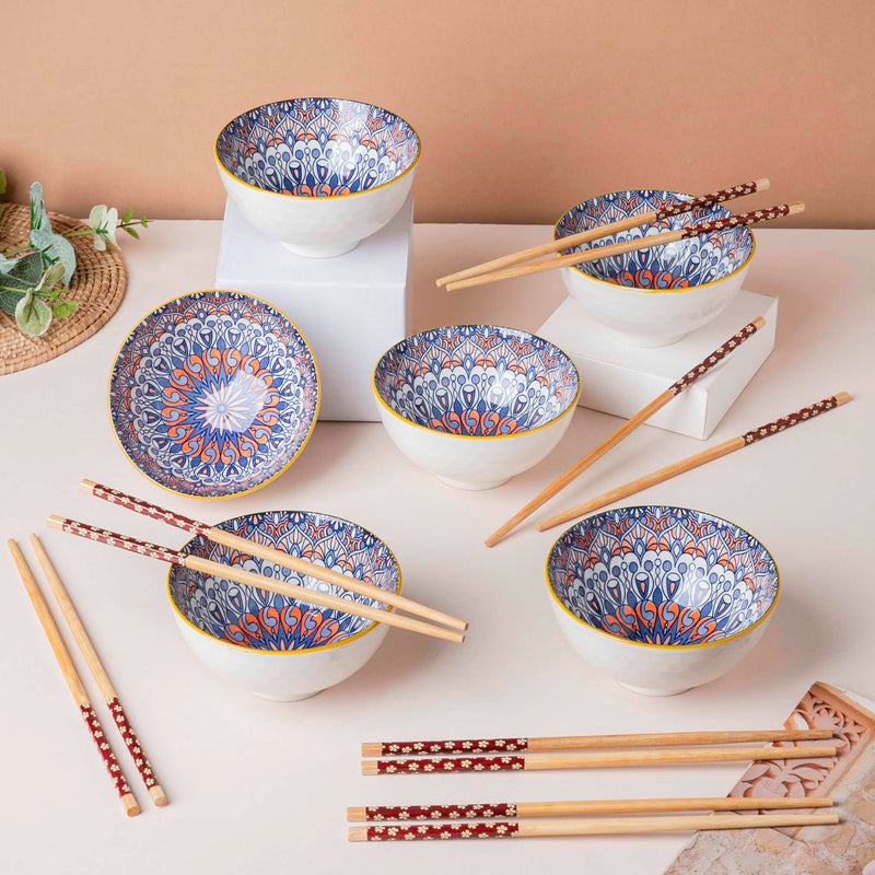 Mandala Snacking Bowl And Chopstick Oceanic Blue Set Of 12 - Bowl,ceramic bowl, snack bowls, curry bowl, popcorn bowls | Bowls for dining table & home decor