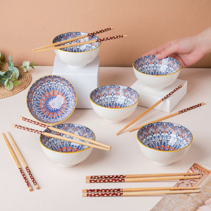 Mandala Snacking Bowl And Chopstick Oceanic Blue Set Of 12 - Bowl,ceramic bowl, snack bowls, curry bowl, popcorn bowls | Bowls for dining table & home decor