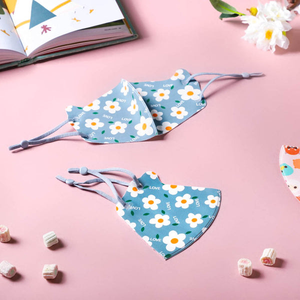 Daisy Print Face Mask With Adjustable Straps Blue Set Of 2