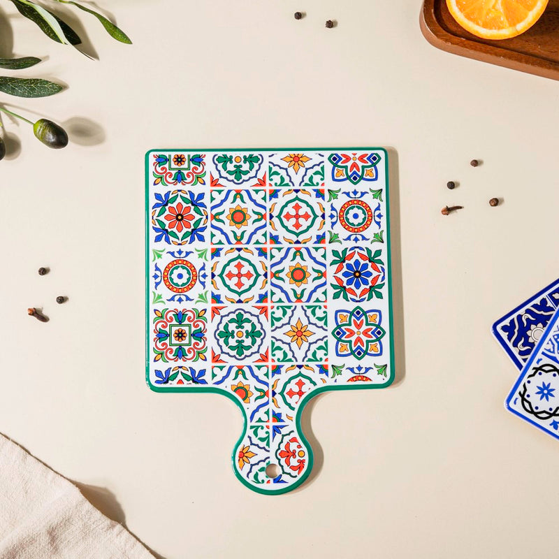 Mediterranean Trivet With Handle Multicolour 9 Inch - Ceramic platter, serving platter, fruit platter | Plates for dining table & home decor