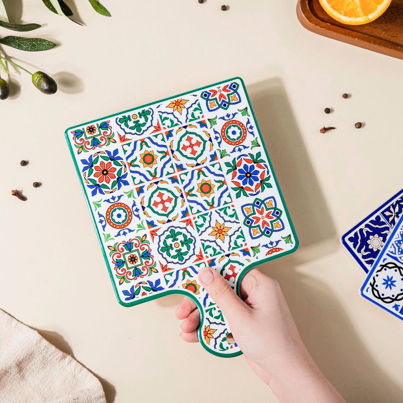 Mediterranean Trivet With Handle Multicolour 9 Inch - Ceramic platter, serving platter, fruit platter | Plates for dining table & home decor