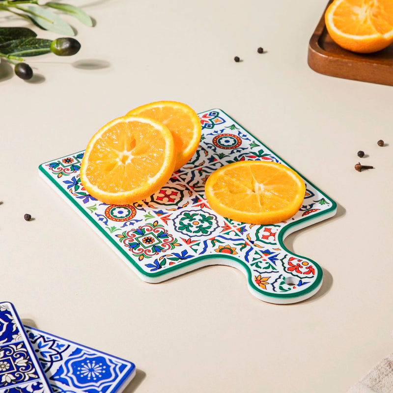 Mediterranean Trivet With Handle Multicolour 9 Inch - Ceramic platter, serving platter, fruit platter | Plates for dining table & home decor