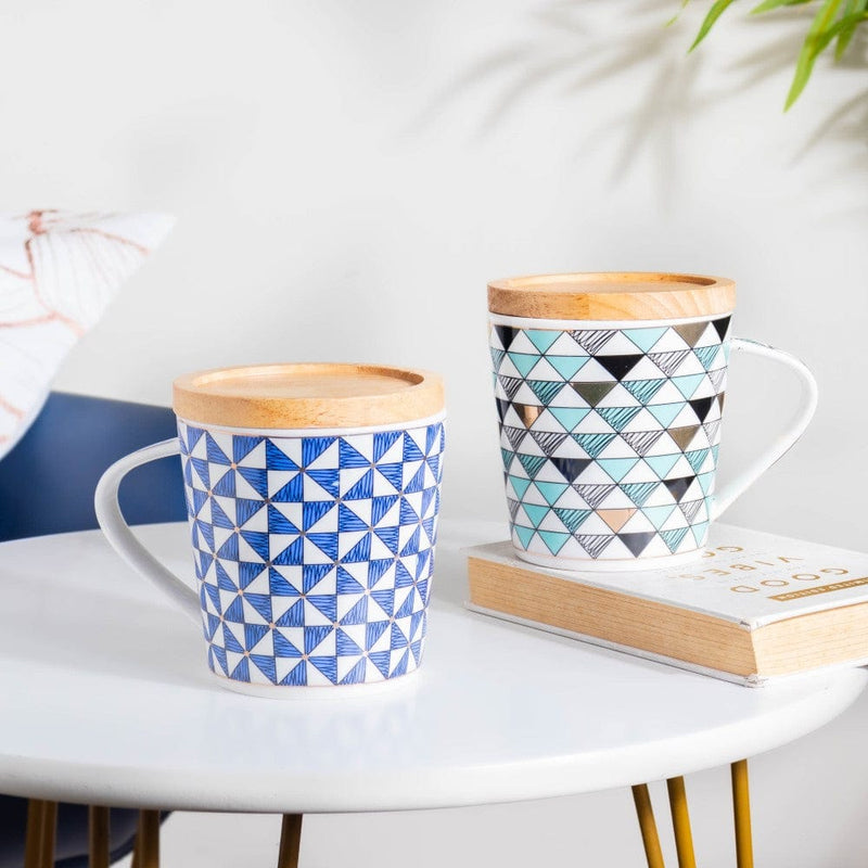 Mosaic Mug With Wooden Lid Blue White Large 500 ml- Mug for coffee, tea mug, cappuccino mug | Cups and Mugs for Coffee Table & Home Decor