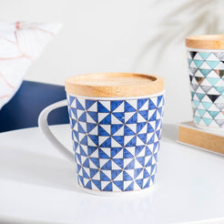 Mosaic Mug With Wooden Lid Blue White Large 500 ml- Mug for coffee, tea mug, cappuccino mug | Cups and Mugs for Coffee Table & Home Decor