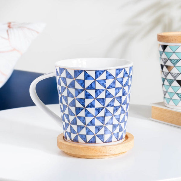 Mosaic Mug With Wooden Lid Blue White Large 500 ml- Mug for coffee, tea mug, cappuccino mug | Cups and Mugs for Coffee Table & Home Decor