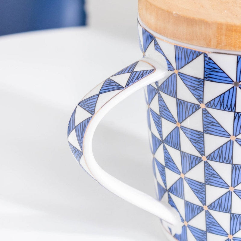 Mosaic Mug With Wooden Lid Blue White Large 500 ml- Mug for coffee, tea mug, cappuccino mug | Cups and Mugs for Coffee Table & Home Decor