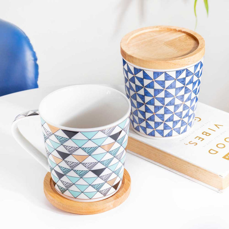 Mosaic Mug With Wooden Lid Blue White Large 500 ml- Mug for coffee, tea mug, cappuccino mug | Cups and Mugs for Coffee Table & Home Decor