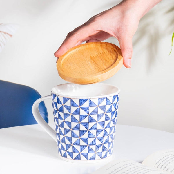 Mosaic Mug With Wooden Lid Blue White Large 500 ml- Mug for coffee, tea mug, cappuccino mug | Cups and Mugs for Coffee Table & Home Decor