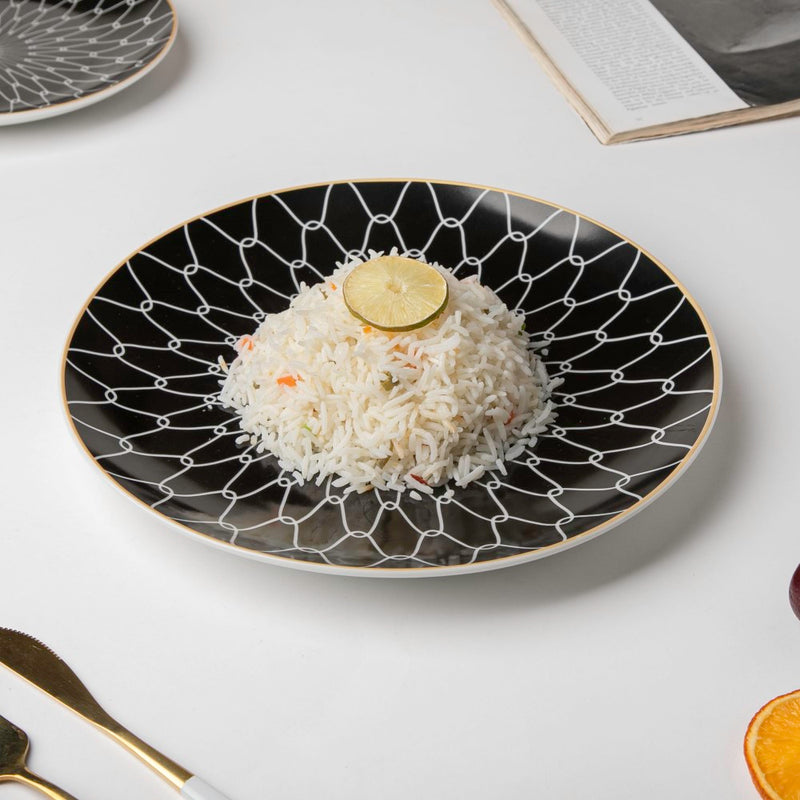 Trellis Gloss Ceramic Dinner Plate Black White Rim 10 Inch - Serving plate, snack plate, ceramic dinner plates| Plates for dining table & home decor