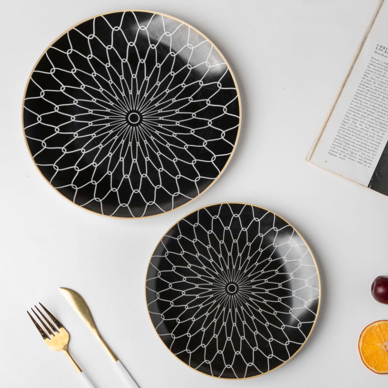 Trellis Gloss Ceramic Dinner Plate Black White Rim 10 Inch - Serving plate, snack plate, ceramic dinner plates| Plates for dining table & home decor