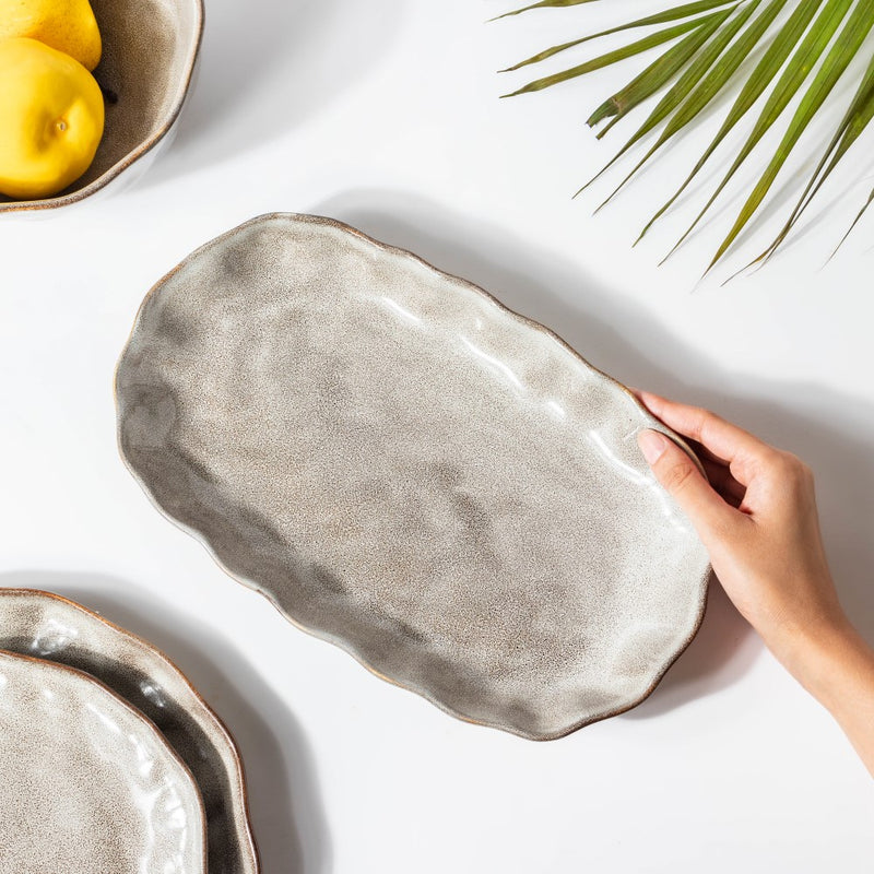 Eclectic Stoneware Long Plate Grey 11.5 Inch - Ceramic platter, serving platter, fruit platter | Plates for dining table & home decor
