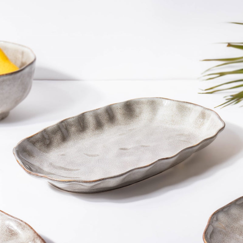 Eclectic Stoneware Long Plate Grey 11.5 Inch - Ceramic platter, serving platter, fruit platter | Plates for dining table & home decor