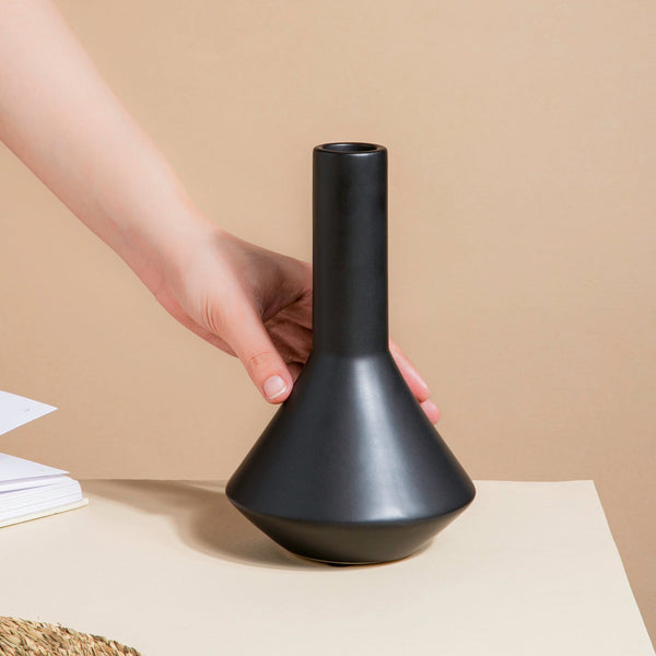 Minimalist Flask Shaped Ceramic Vase Black - Flower vase for home decor, office and gifting | Home decoration items