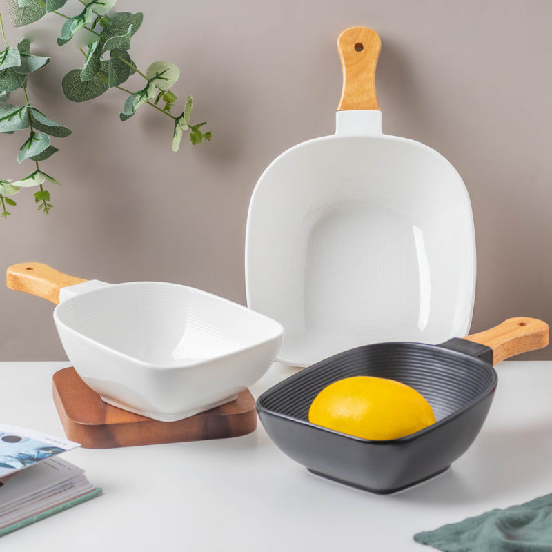 Riona Textured Bowl With Wooden Handle White - Serving bowls, noodle bowl, snack bowl, popcorn bowls | Bowls for dining & home decor