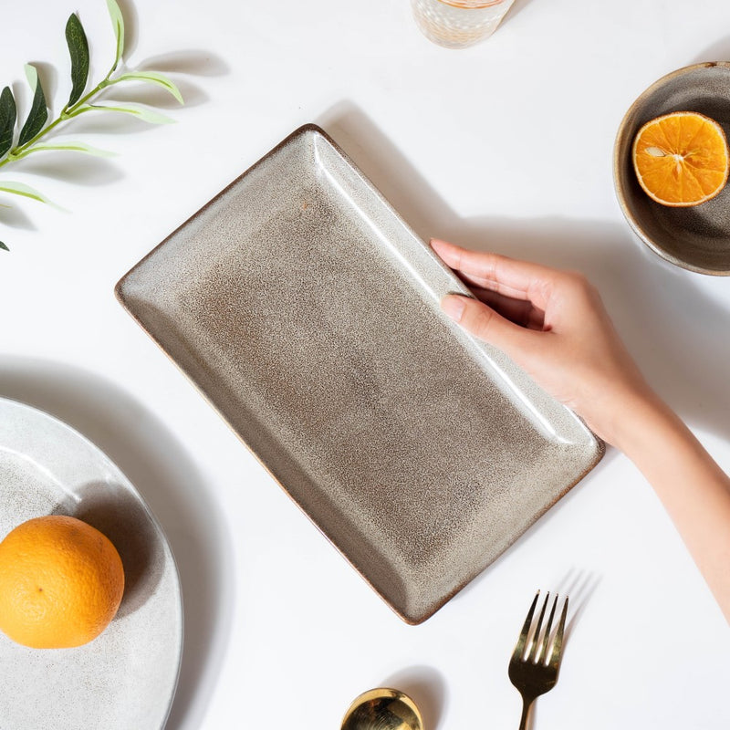 Rustic Handmade Ceramic Long Plate Grey 10 Inch - Ceramic platter, serving platter, fruit platter | Plates for dining table & home decor