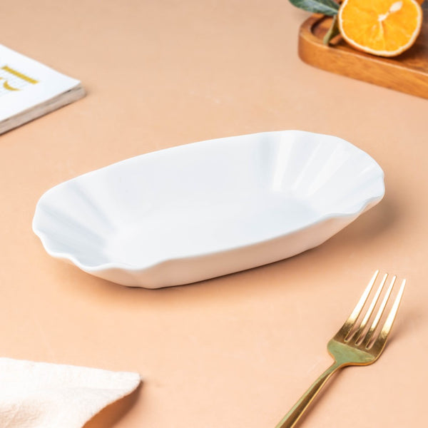 Ceramic Scalloped Long Snack Plate Classic White 8 Inch - Ceramic platter, serving platter, fruit platter | Plates for dining table & home decor