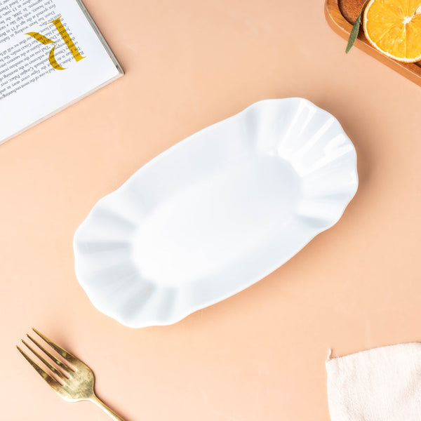 Ceramic Scalloped Long Snack Plate Classic White 8 Inch - Ceramic platter, serving platter, fruit platter | Plates for dining table & home decor