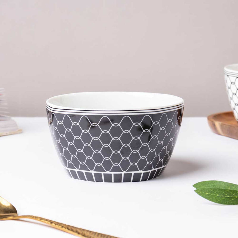 Trellis Printed Snack Bowl Black 250 ml - Bowl, soup bowl, ceramic bowl, snack bowls, curry bowl, popcorn bowls | Bowls for dining table & home decor